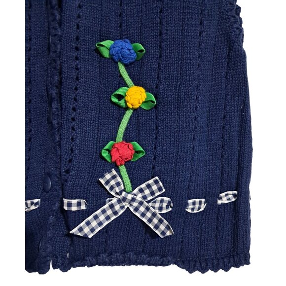 Vintage Hartstrings Girls Knit Vest Navy Blue 10/12 Floral Applique & Gingham Bo - Picture 7 of 7